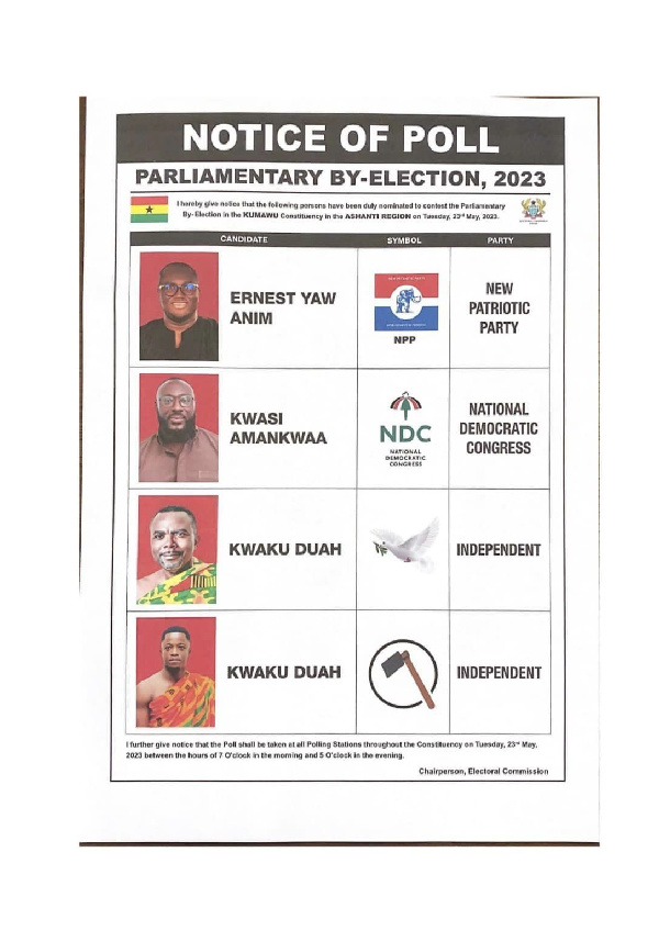 4 contestants are seeking to represent Kumawu in parliament