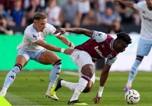 Mohammed Kudus pulled back by Aston Villa player Matty Cash