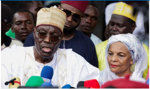 Issa Tchiroma Bakary of the Cameroon National Salvation Front speaks to the media