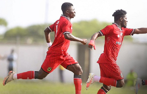 Patrick Asiedu (right) celebrating his goal against Aduana