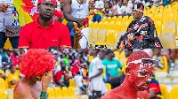 A grid photo of sad Asante Kotoko fans at the Accra Sports Stadium