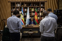 Somali President Hassan Sheikh Mohamud talks to journalists on security policy