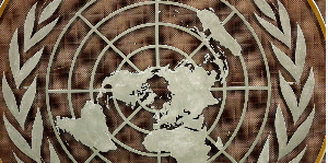 The United Nations (UN) logo displayed inside the General Assembly Hall in New York City, US