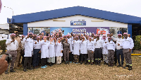 President John Dramani Mahama with workers at the Nestlé Ghana factory in Tema