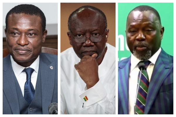A photo collage of Kissi Agyebeng (L), Ken Ofori-Atta and Dr Dominic Ayine
