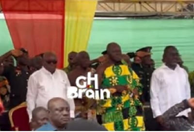 Otumfuo sandwiched by President Akufo-Addo (left) and Minister of Transport