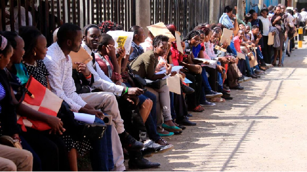 Long queues of job seekers in their hundreds wait to hand in their documents at county hall