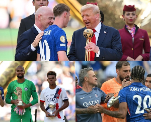 Donald Trump (in black suit) presented the 2025 Club World Cup trophy to the Chelsea squad