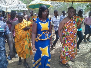 Eastern regional minister Mavis Ama Frimpong touring project sites with the chiefs
