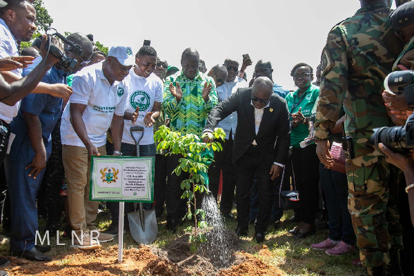 President Akufo-Addo planting a tree together with some officials