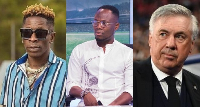 L-R Shatta Wale, Agyemang-Badu and Carlo Ancelotti