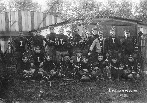 The 1908 Akron Indians. Baker is the first player in the back row, left side. Image via Wiki/Public