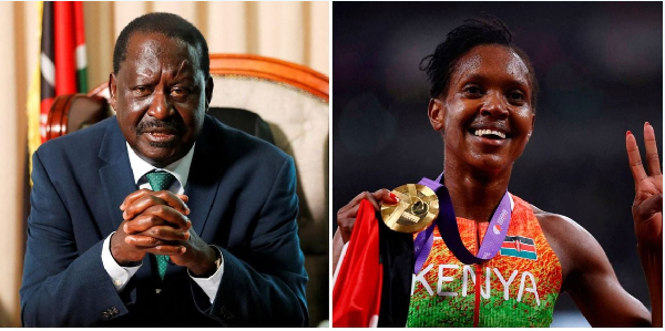 Former Prime Minister Raila Odinga (L) and Olympic champion Faith Kipyegon