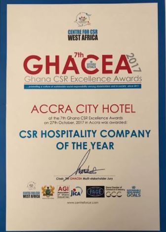 Accra City Hotel has been adjudged the CSR Hospitality Company of the Year in Ghana