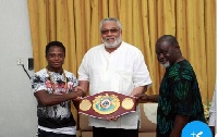 Dogboe with Former President Rawlings and boxing legend Azumah Nelson
