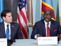 Rwandan Foreign Minister Olivier Nduhungirehe, speaks next to US Secretary of State Marco Rubio