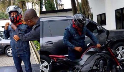 Enhanced photo of Mahama preparing for a ride around Accra after the rains on his motorbike