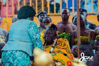 Otumfuo Osei Tutu II receiving Prof. Jane Naana Opoku-Agyemang at the Manhyia Palace