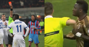 Sulley Muntari shown red card (left) and fighting a referee (right)