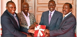 Rigathi Gachagua (L) and President William Ruto receive the report of the Natl Dialogue Committee