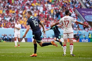 Mitchell Duke celebrating his goal against Tunisia