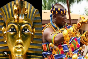 A collage of ancient Egyptian King Tutankhamen (L) and  Asantehene Otumfuo Osei Tutu II (R)