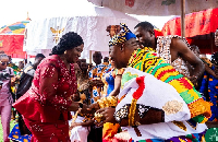 Ohempon Dr Yeboah Asiamah exchanging pleasanteries with  Professor Jane Naana Opoku-Agyemang