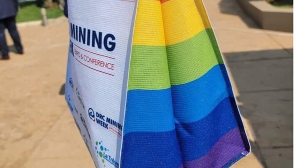 A sample bag distributed at a mining conference in Lubumbashi, DR Congo on June 14, 2023