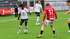 Ghanaian midfielder Isaac Twum reacts to Sogndal Fotball’s big win against Stjordals-Blink