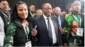 South Africa's former President Jacob Zuma arrives with his daughter and member of uMkhonto weSizwe