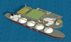 A schematic of an FSRU (top) lying next to an LNG Carrier (bottom)