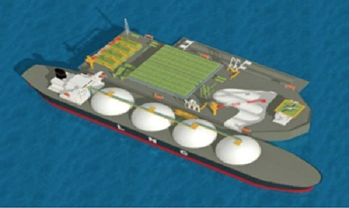 A schematic of an FSRU (top) lying next to an LNG Carrier (bottom)