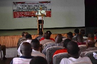 Former President Jerry John Rawlings speaking at a Town Hall meeting of cadres and NDC activists