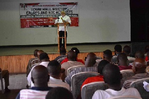 Former President Jerry John Rawlings speaking at a Town Hall meeting of cadres and NDC activists