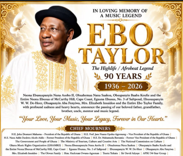 The late Ebo Taylor will be buried on August 1, 2026