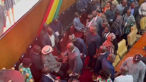 Former President, John Dramani Mahama shaking hands with Former President, John Agyekum Kufour