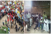 The demonstration (L) in 2015 and the chiefs during the apology (R)