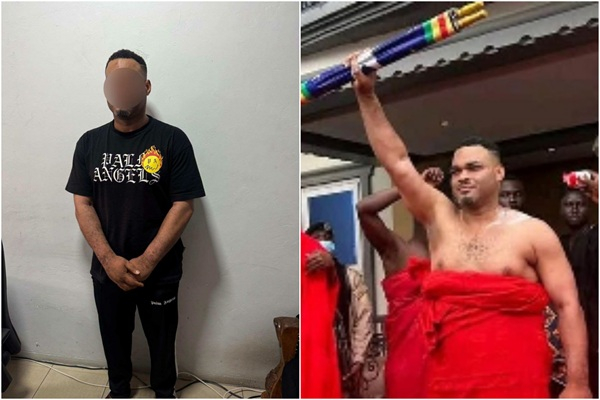 Kwadwo Safo Akofena holds what appear to be scrolls after his installation