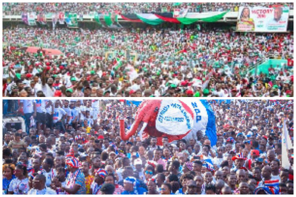 A photo collage of NDC and NPP sympathisers at political grounds