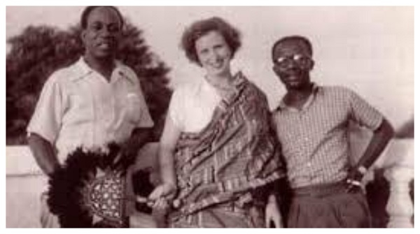 Dr. Kwame Nkrumah (Left) in a pose with Joe Appiah (Right] and his British wife Peggy Cripps