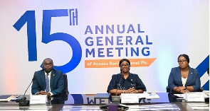 Board Chair, Ama S. Bawuah (m) flanked by MD Olumide Olatunji & Company Secretary, Helen Decardi