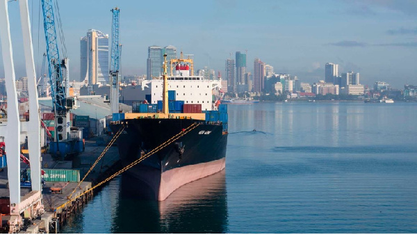 A ship docked at the port of Dar es Salaam in Tanzania