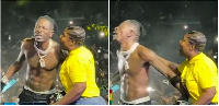 Dancehall artiste Shatta Wale and MP for Jomoro, Dorcas Affo-Toffey captured on stage