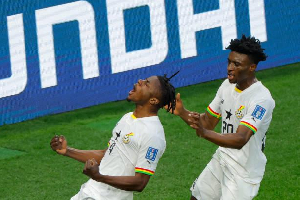 Salisu (L) and Kudus (R) celebrating a goal during the 2022 World Cup