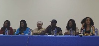 Samira Yakubu (3rd from left) sitting together with some movie stars during the media briefing