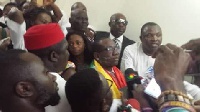 The GFA President surrounded by well wishers and the media when he touched down at Kotoka