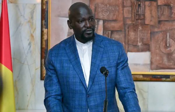 Guinea's military ruler Mamady Doumbouya, who took power in a 2021 coup, addresses a news conference