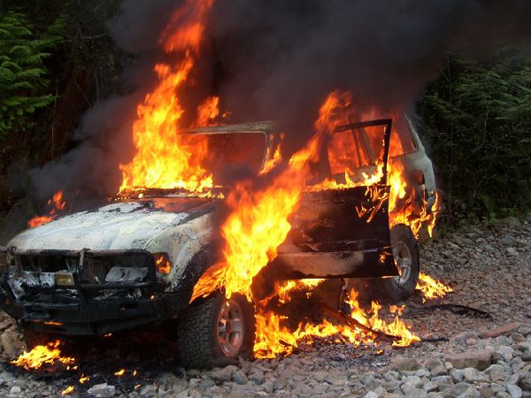 Larry's burning car