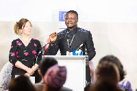 Ridwan speaking after winning the prestigious Lorenzo Natali Media Prize 2018