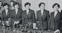 The Dionne sisters at their first formal US press conference in 1952